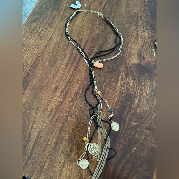 NWT Free People Fire Of Love Layered Necklace Gold/Black Leather combo - Picture 4 of 4